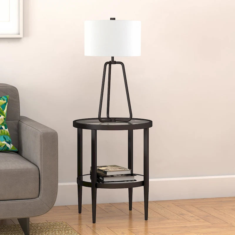 Table d'appoint ronde avec miroir, structure en acier et plateau en verre