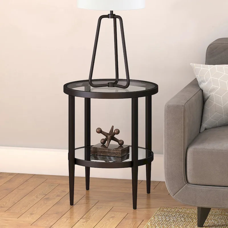 Table d'appoint ronde avec miroir, structure en acier et plateau en verre