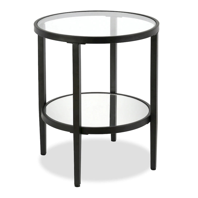 Table d'appoint ronde avec miroir, structure en acier et plateau en verre