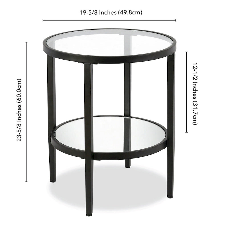 Table d'appoint ronde avec miroir, structure en acier et plateau en verre