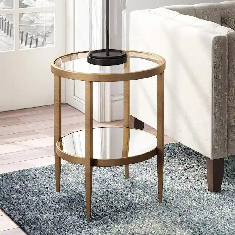 Table d'appoint ronde avec miroir, structure en acier et plateau en verre