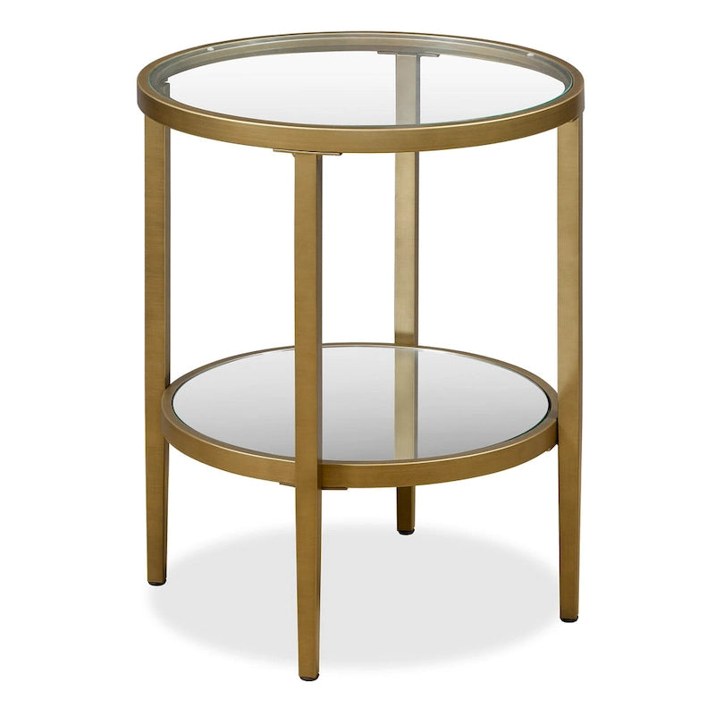 Table d'appoint ronde avec miroir, structure en acier et plateau en verre