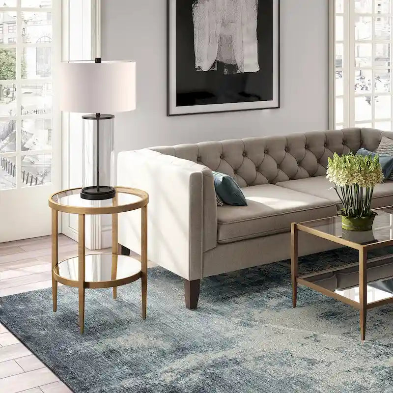 Table d'appoint ronde avec miroir, structure en acier et plateau en verre