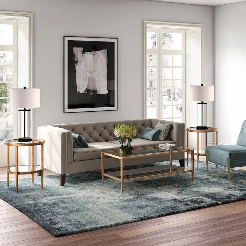 Table d'appoint ronde avec miroir, structure en acier et plateau en verre