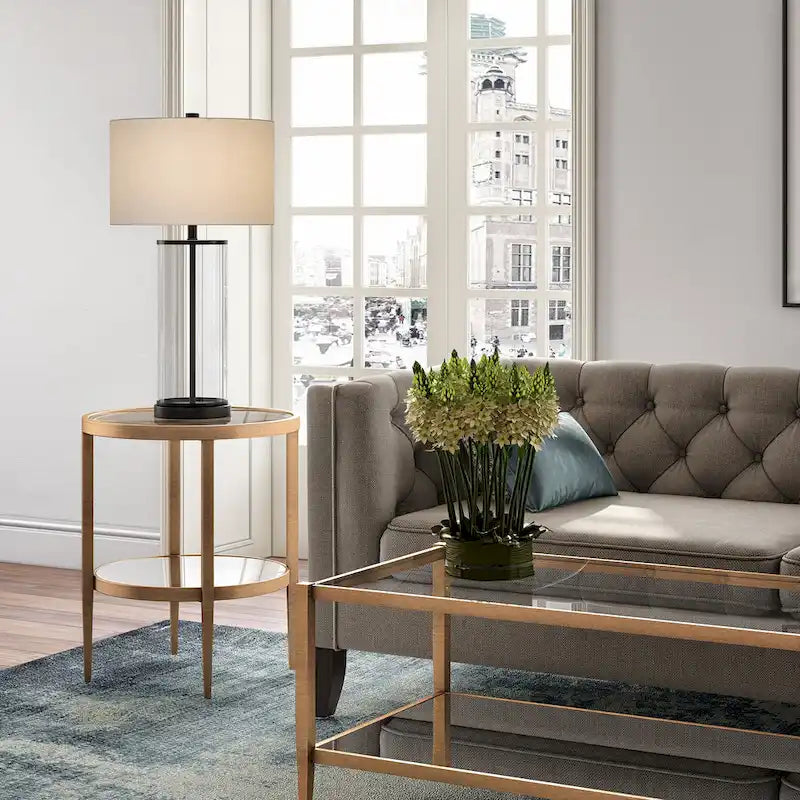 Table d'appoint ronde avec miroir, structure en acier et plateau en verre