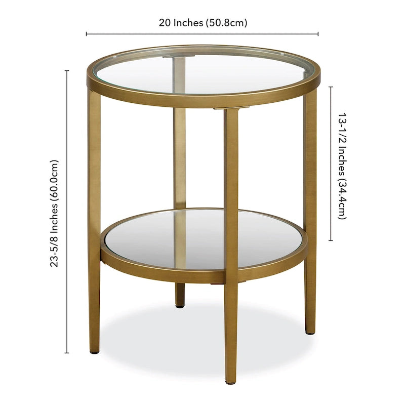 Table d'appoint ronde avec miroir, structure en acier et plateau en verre