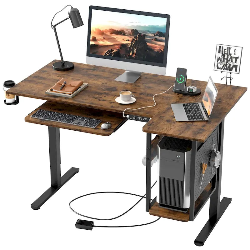 Bureau debout électrique en L de 57 pouces à hauteur réglable avec tiroir clavier et tablette pour unité centrale