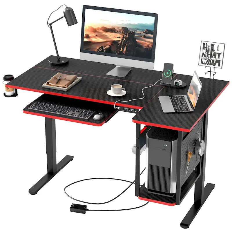 Bureau debout électrique en L de 57 pouces à hauteur réglable avec tiroir clavier et tablette pour unité centrale