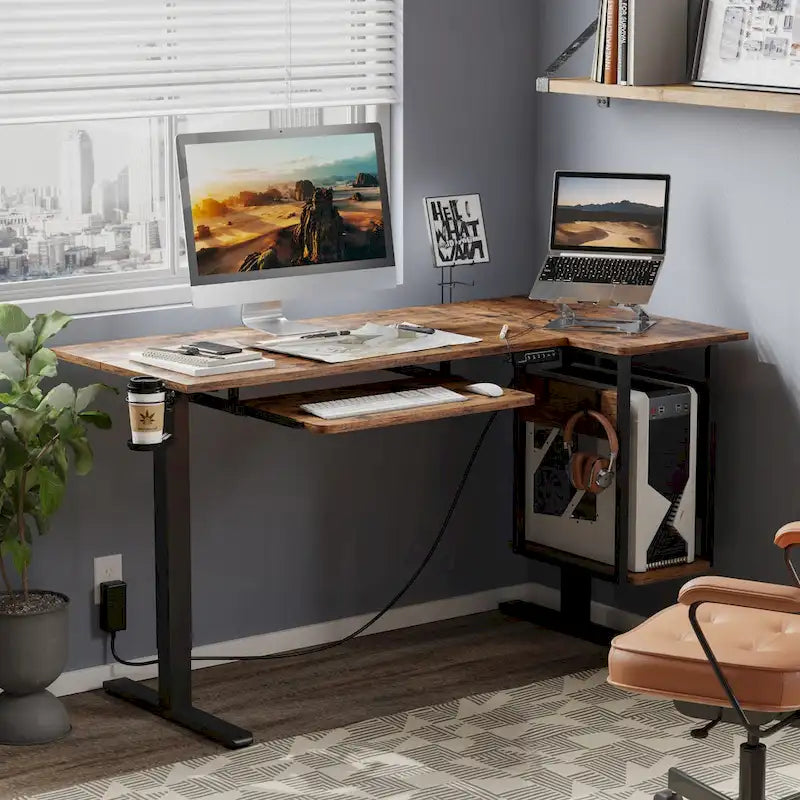 Bureau debout électrique en L de 57 pouces à hauteur réglable avec tiroir clavier et tablette pour unité centrale