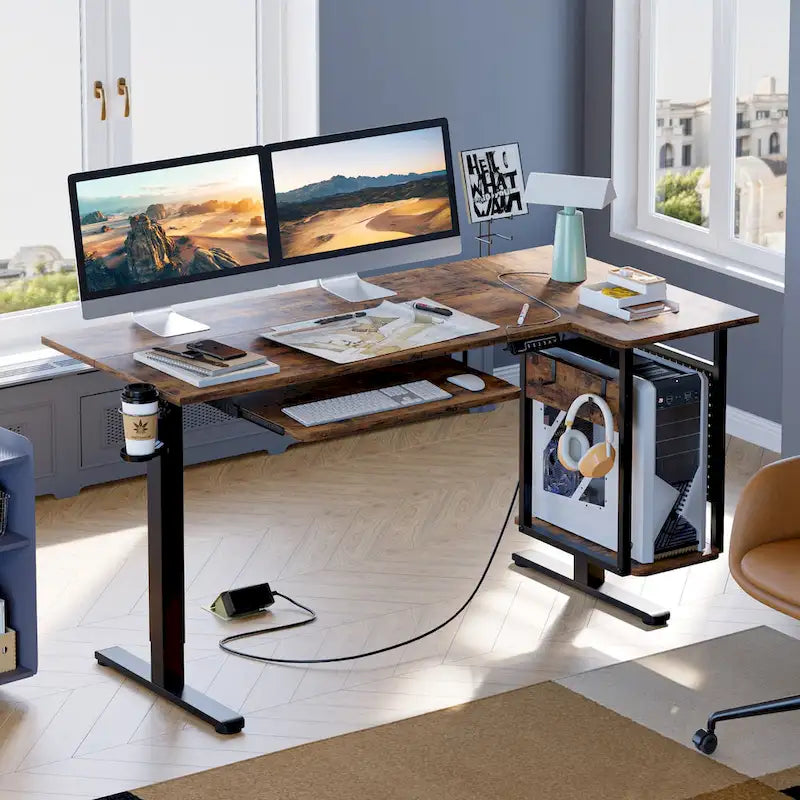 Bureau debout électrique en L de 57 pouces à hauteur réglable avec tiroir clavier et tablette pour unité centrale