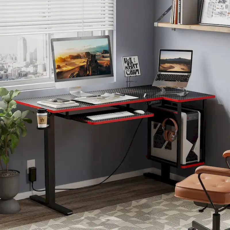 Bureau debout électrique en L de 57 pouces à hauteur réglable avec tiroir clavier et tablette pour unité centrale