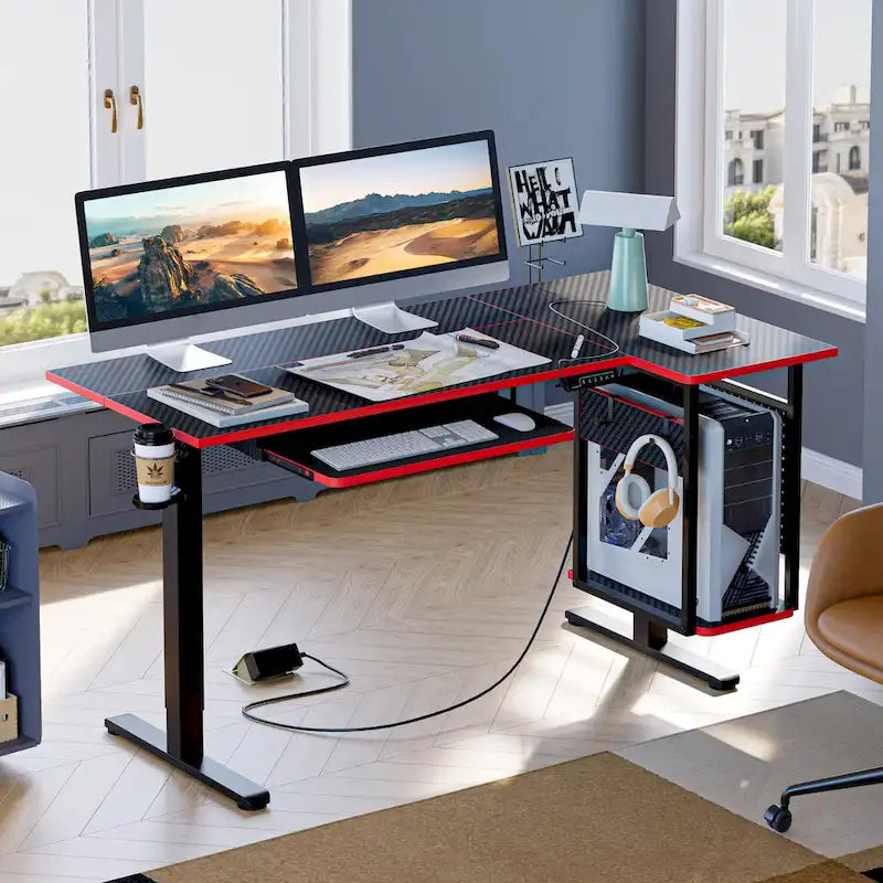 Bureau debout électrique en L de 57 pouces à hauteur réglable avec tiroir clavier et tablette pour unité centrale