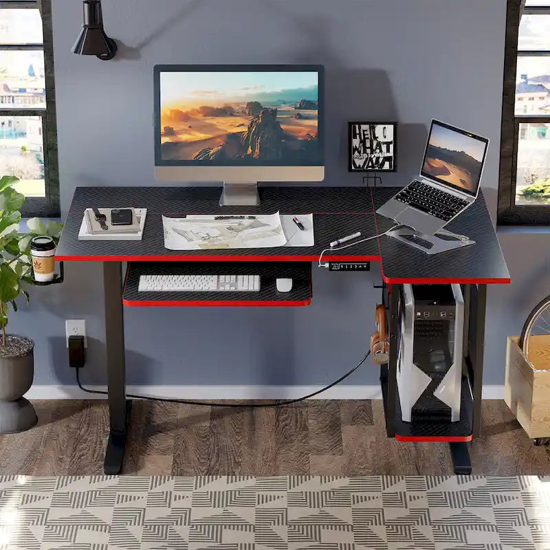 Bureau debout électrique en L de 57 pouces à hauteur réglable avec tiroir clavier et tablette pour unité centrale