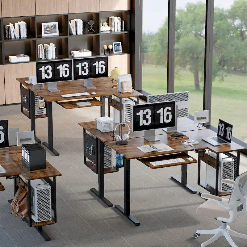 Bureau debout électrique en L de 57 pouces à hauteur réglable avec tiroir clavier et tablette pour unité centrale