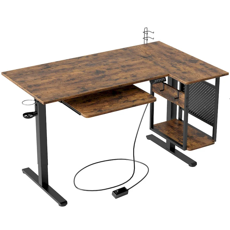 Bureau debout électrique en L de 57 pouces à hauteur réglable avec tiroir clavier et tablette pour unité centrale