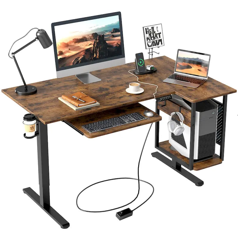Bureau debout électrique en L de 57 pouces à hauteur réglable avec tiroir clavier et tablette pour unité centrale