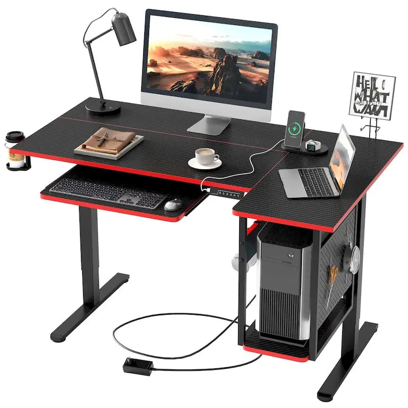 Bureau debout électrique en L de 57 pouces à hauteur réglable avec tiroir clavier et tablette pour unité centrale