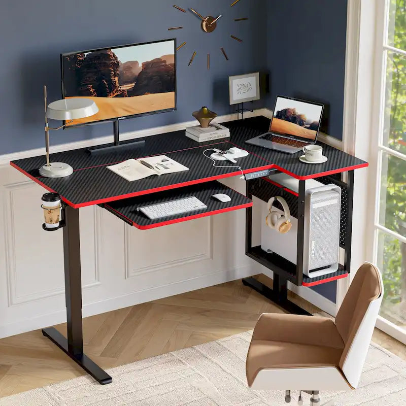 Bureau debout électrique en L de 57 pouces à hauteur réglable avec tiroir clavier et tablette pour unité centrale