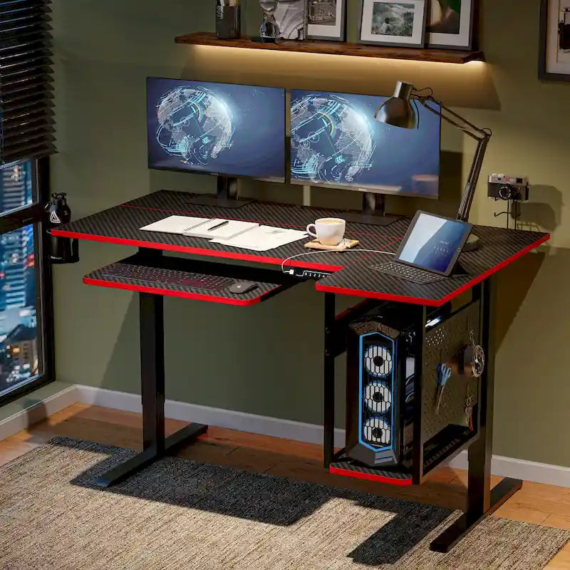 Bureau debout électrique en L de 57 pouces à hauteur réglable avec tiroir clavier et tablette pour unité centrale