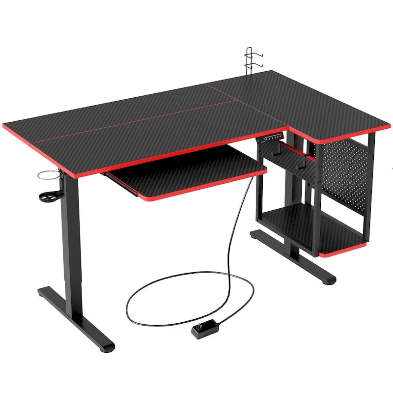 Bureau debout électrique en L de 57 pouces à hauteur réglable avec tiroir clavier et tablette pour unité centrale