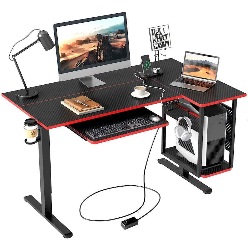 Bureau debout électrique en L de 57 pouces à hauteur réglable avec tiroir clavier et tablette pour unité centrale