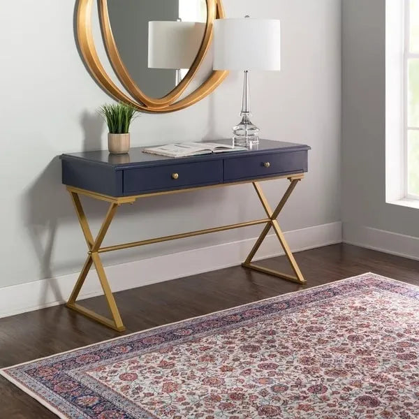 Bureau bleu et or avec tiroir et piétement en métal en X