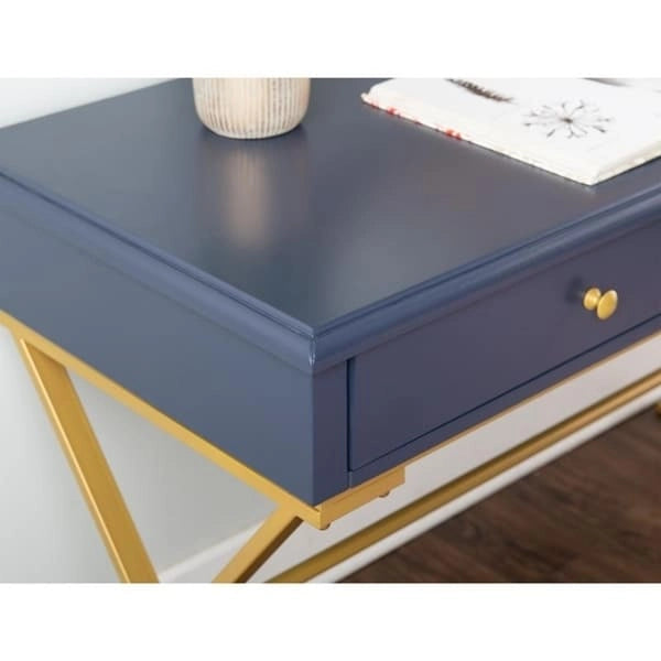 Bureau bleu et or avec tiroir et piétement en métal en X