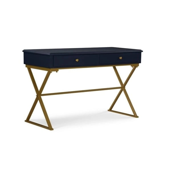 Bureau bleu et or avec tiroir et piétement en métal en X