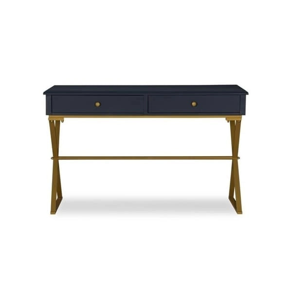 Bureau bleu et or avec tiroir et piétement en métal en X