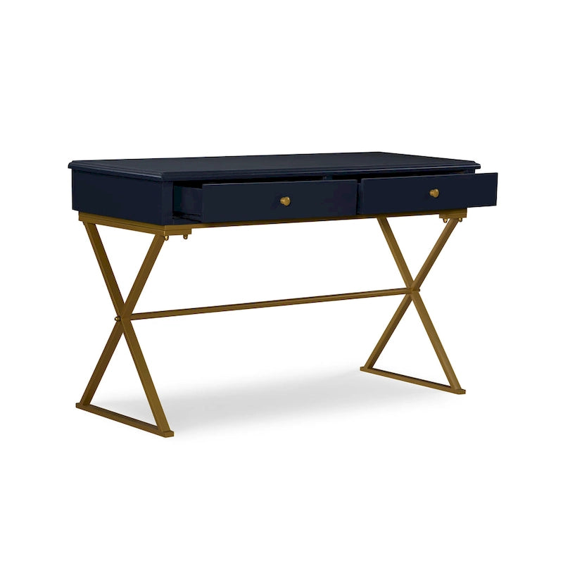 Bureau bleu et or avec tiroir et piétement en métal en X