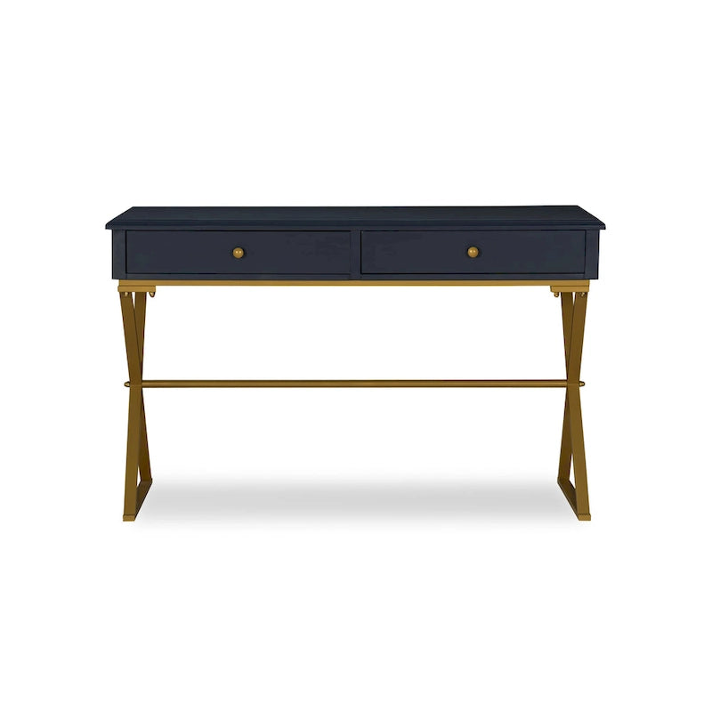Bureau bleu et or avec tiroir et piétement en métal en X