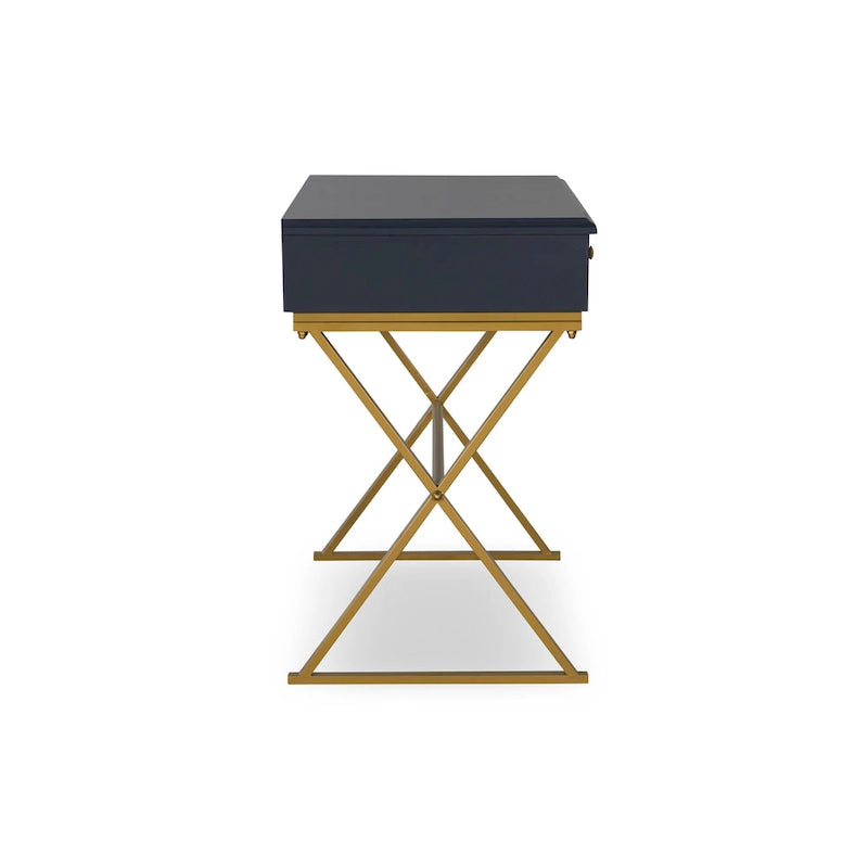 Bureau bleu et or avec tiroir et piétement en métal en X