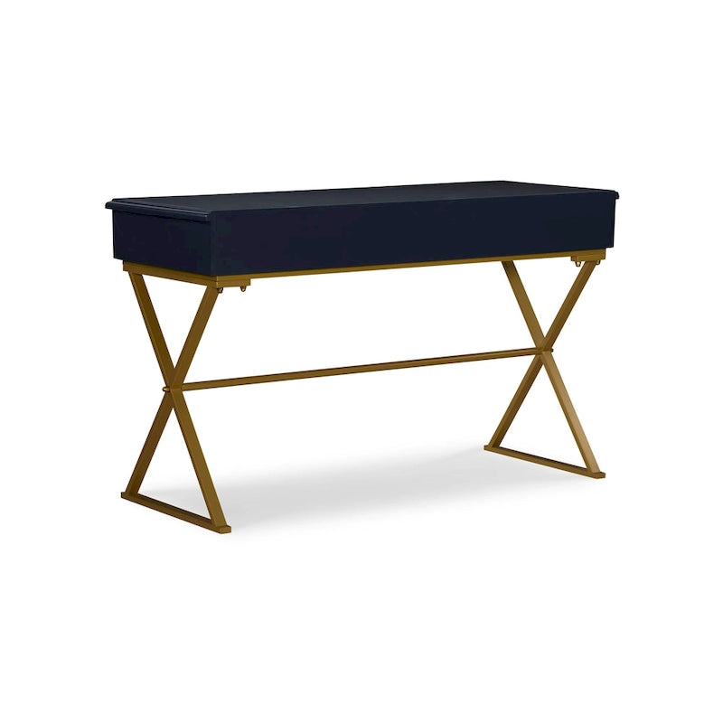 Bureau bleu et or avec tiroir et piétement en métal en X