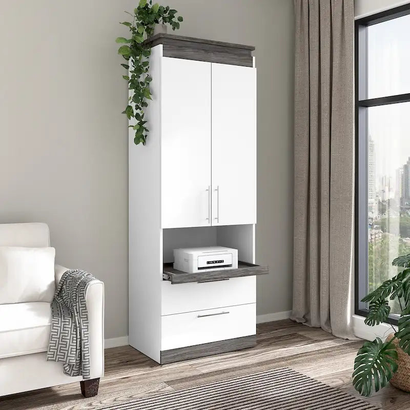 Meuble de rangement haut avec portes, tiroirs et tablette coulissante