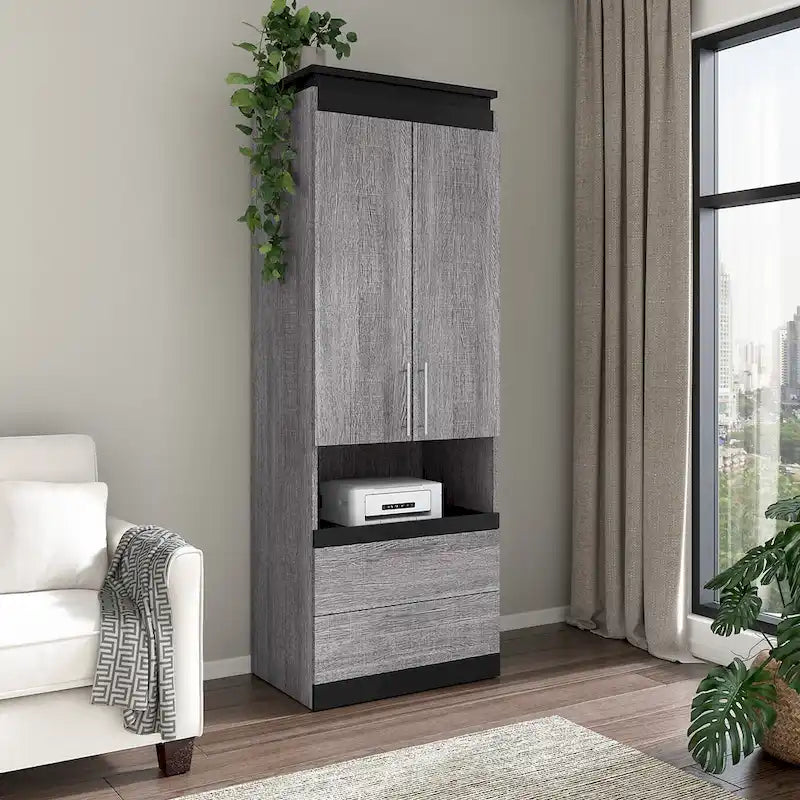 Meuble de rangement haut avec portes, tiroirs et tablette coulissante