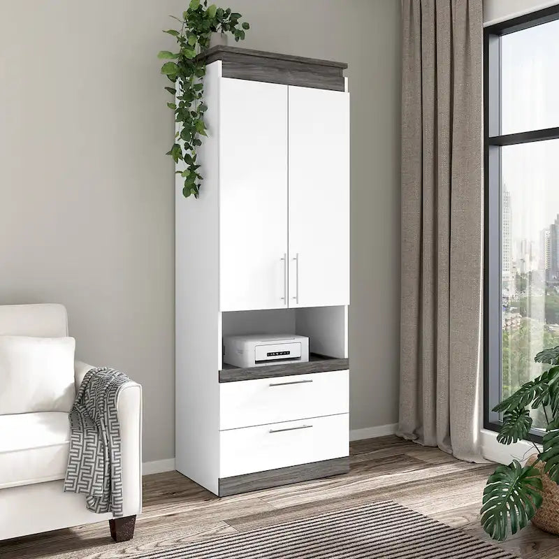 Meuble de rangement haut avec portes, tiroirs et tablette coulissante