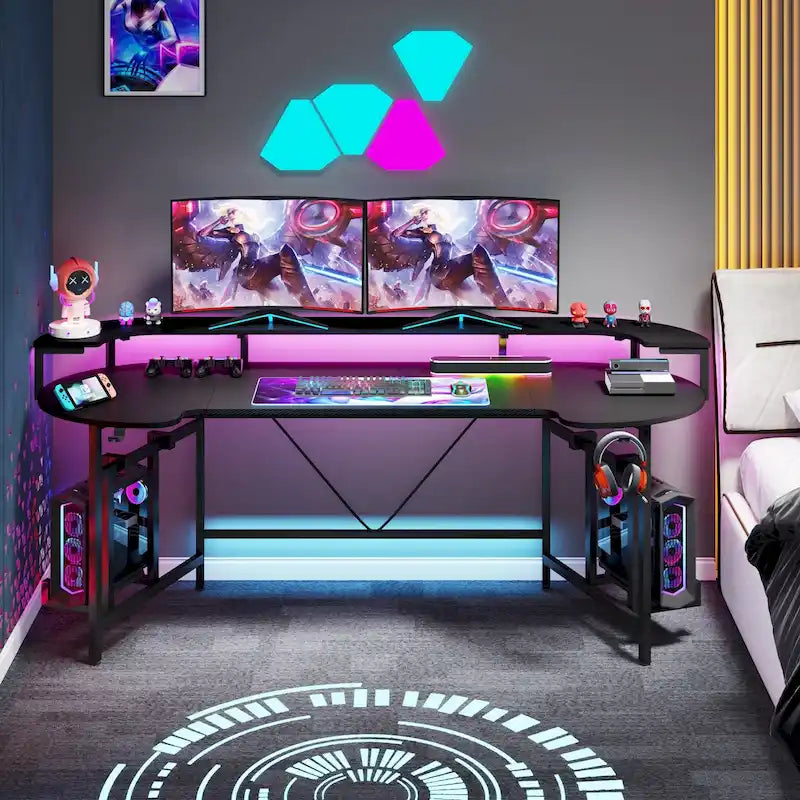 Bureau de jeu avec étagère pour moniteur, 75 pouces, pour ordinateur de bureau, avec bande LED