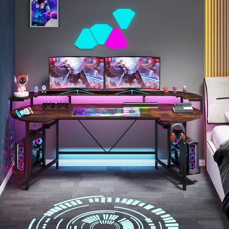 Bureau de jeu avec étagère pour moniteur, 75 pouces, pour ordinateur de bureau, avec bande LED