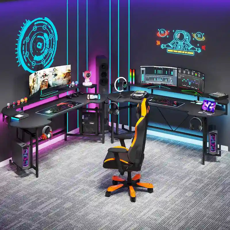 Bureau de jeu avec étagère pour moniteur, 75 pouces, pour ordinateur de bureau, avec bande LED