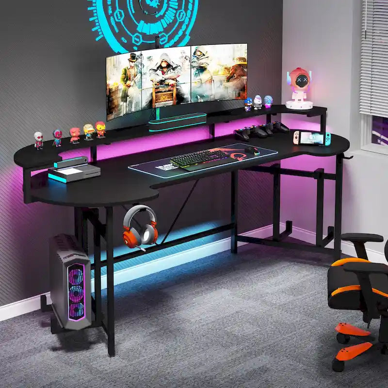 Bureau de jeu avec étagère pour moniteur, 75 pouces, pour ordinateur de bureau, avec bande LED