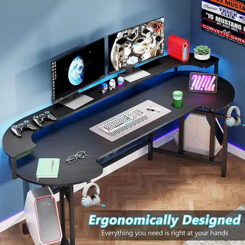 Bureau de jeu avec étagère pour moniteur, 75 pouces, pour ordinateur de bureau, avec bande LED