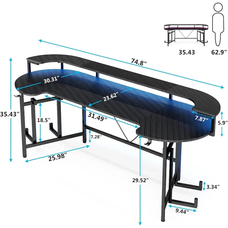Bureau de jeu avec étagère pour moniteur, 75 pouces, pour ordinateur de bureau, avec bande LED
