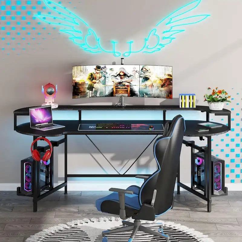 Bureau de jeu avec étagère pour moniteur, 75 pouces, pour ordinateur de bureau, avec bande LED