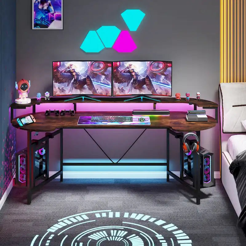 Bureau de jeu avec étagère pour moniteur, 75 pouces, pour ordinateur de bureau, avec bande LED