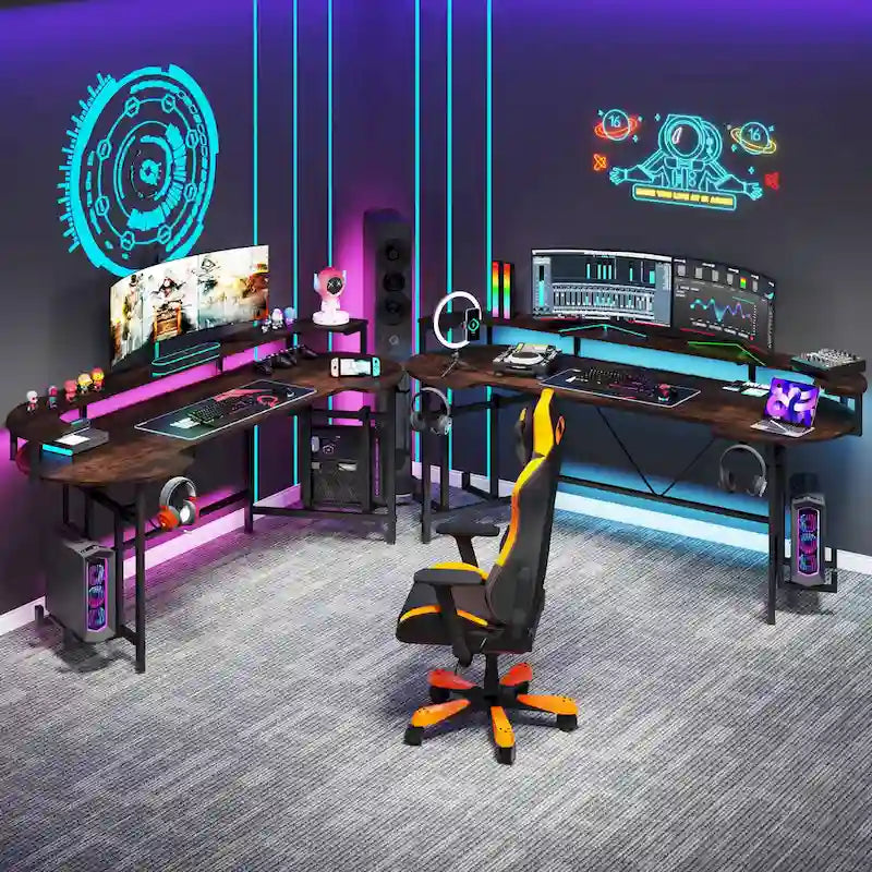 Bureau de jeu avec étagère pour moniteur, 75 pouces, pour ordinateur de bureau, avec bande LED