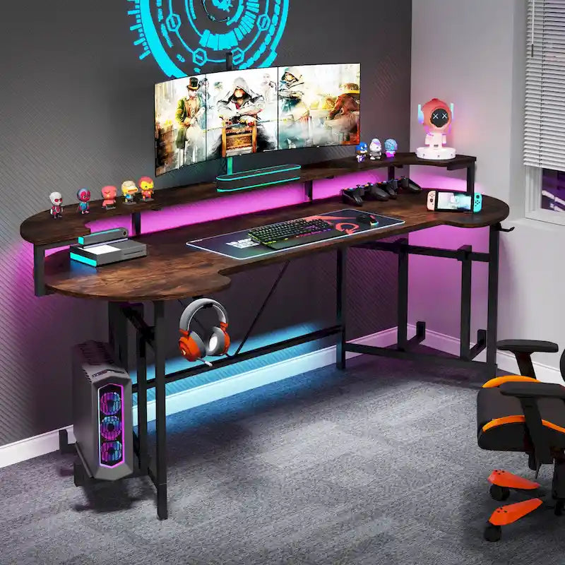Bureau de jeu avec étagère pour moniteur, 75 pouces, pour ordinateur de bureau, avec bande LED