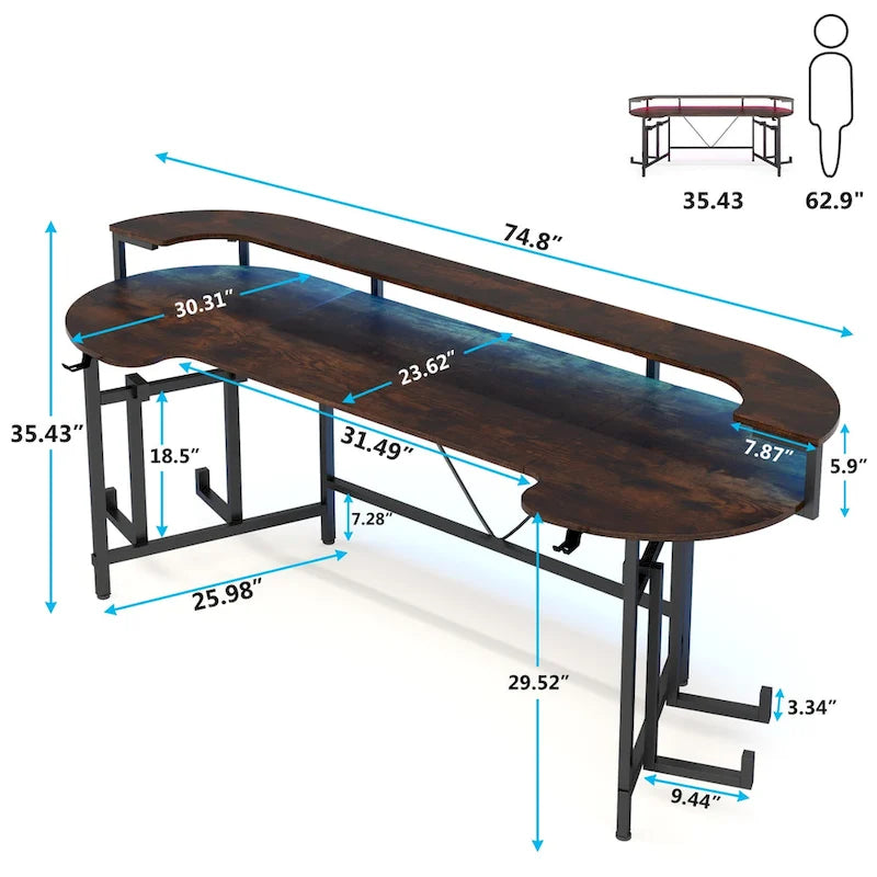 Bureau de jeu avec étagère pour moniteur, 75 pouces, pour ordinateur de bureau, avec bande LED