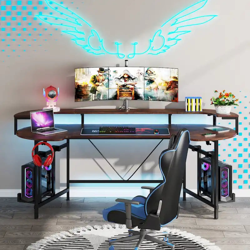 Bureau de jeu avec étagère pour moniteur, 75 pouces, pour ordinateur de bureau, avec bande LED