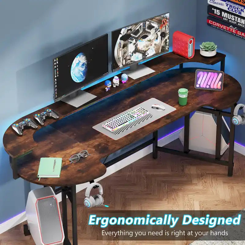 Bureau de jeu avec étagère pour moniteur, 75 pouces, pour ordinateur de bureau, avec bande LED