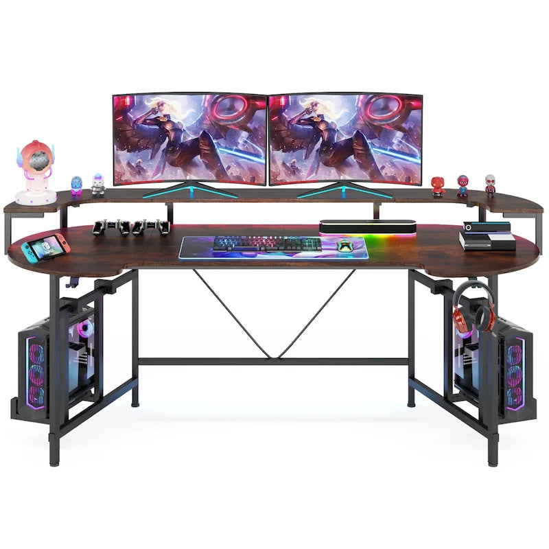 Bureau de jeu avec étagère pour moniteur, 75 pouces, pour ordinateur de bureau, avec bande LED